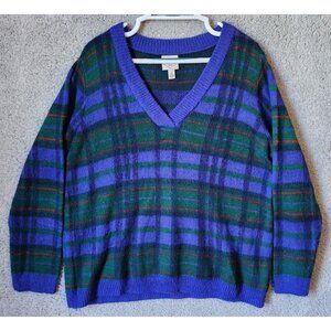 St. Johns Bay Womens V Neck Knit Sweater Blue Plaid Retro Dark/Light Academia XL